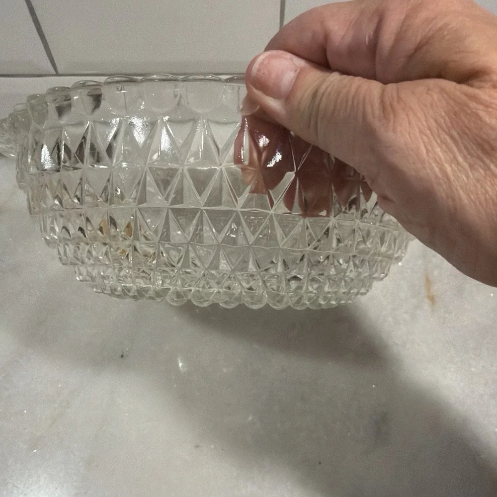 Hobnail Pressed Clear Glass Bowl Handled Scalloped Edge Diamond Vintage OLA05
